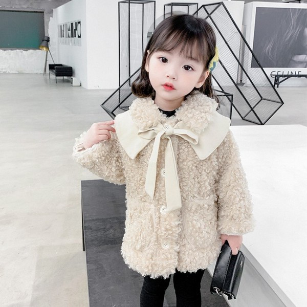 Νέο μοντέλο παιδικό μπουφάν με κορδέλα και κουμπιά σε μπεζ και ροζ χρώμα