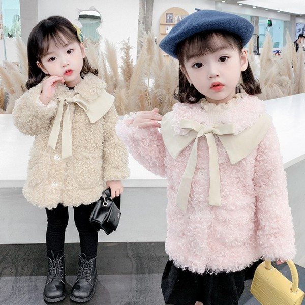 Νέο μοντέλο παιδικό μπουφάν με κορδέλα και κουμπιά σε μπεζ και ροζ χρώμα