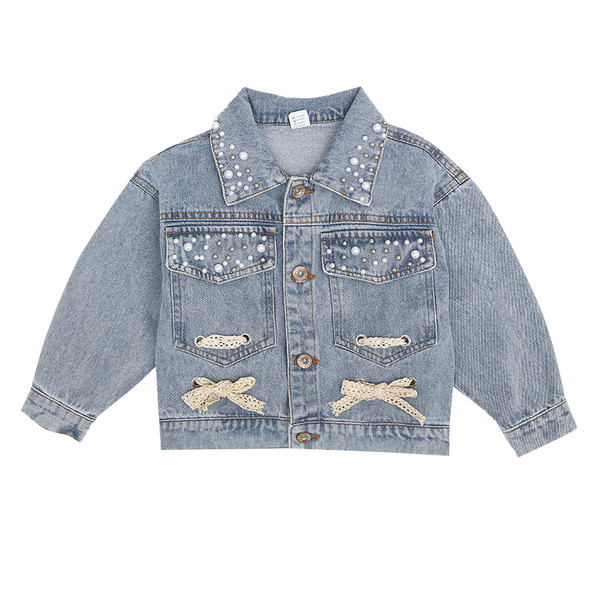 Moodne laste pärlite ja nööpidega teksajakk