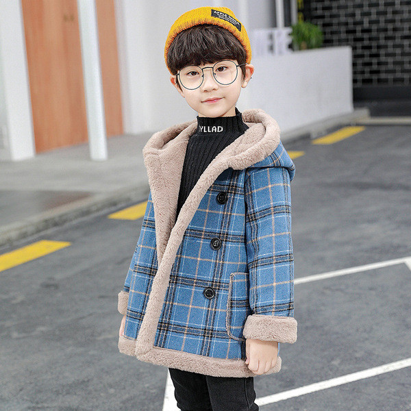 Pehme voodri ja kapuutsiga laste ruuduline mantel