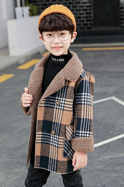 Palton pentru copii in carouri cu nasturi si guler moale - pentru baieti