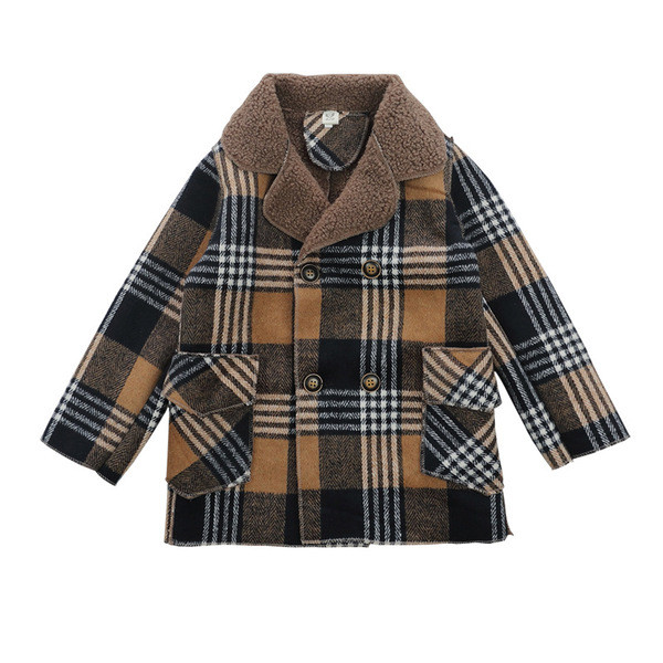 Palton pentru copii in carouri cu nasturi si guler moale - pentru baieti