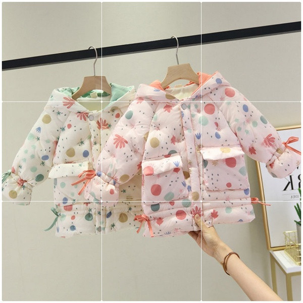 Uut mudelit täpilise kapuutsiga laste talvejope