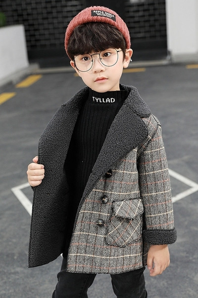 Palton pentru copii în carouri cu nasturi și căptușeală moale