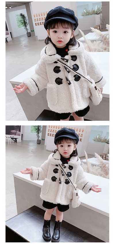 Stiilne taskute ja nööpidega lastemantel tüdrukutele