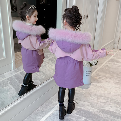 Χειμερινό παιδικό μπουφάν με κουκούλα και ελαστική μέση σε μωβ χρώμα