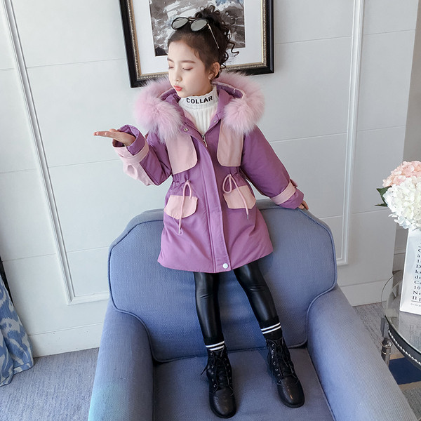 Χειμερινό παιδικό μπουφάν με κουκούλα και ελαστική μέση σε μωβ χρώμα