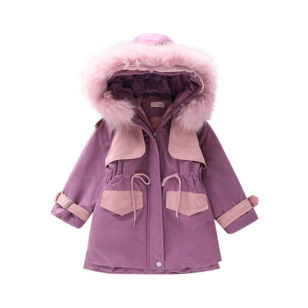 Χειμερινό παιδικό μπουφάν με κουκούλα και ελαστική μέση σε μωβ χρώμα