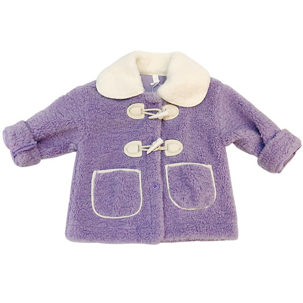 Moodne ümara dekoltee ja taskutega lastemantel tüdrukutele