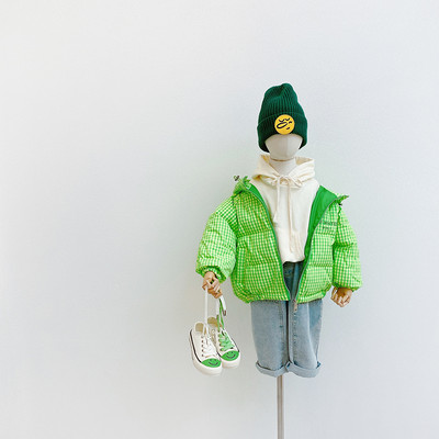 Παιδικό μπουφάν καρό για αγόρια και κορίτσια με κουκούλα και επιγραφή