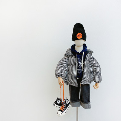 Παιδικό μπουφάν καρό για αγόρια και κορίτσια με κουκούλα και επιγραφή