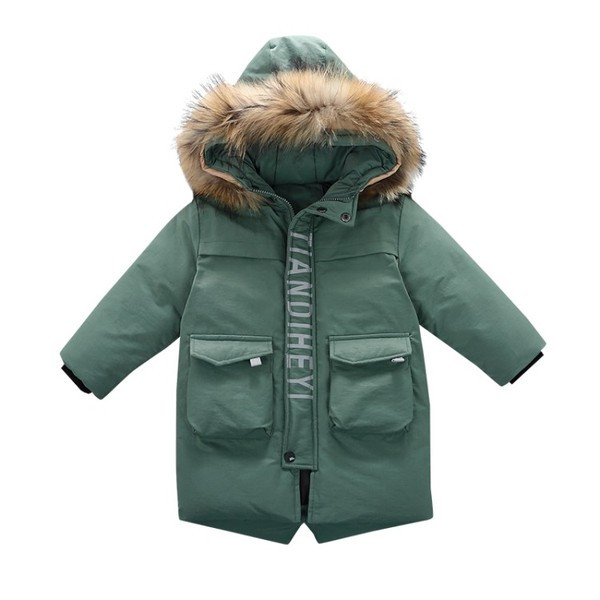 Παιδικό χειμερινό μπουφάν με επιγραφή και γούνα για αγόρια