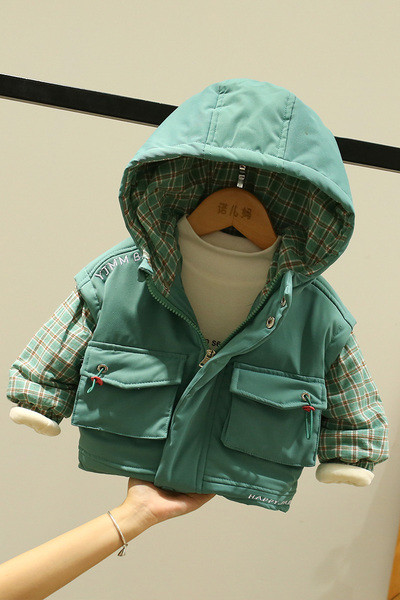 Ruuduliste varrukate ja pealdisega laste jope poistele ja tüdrukutele