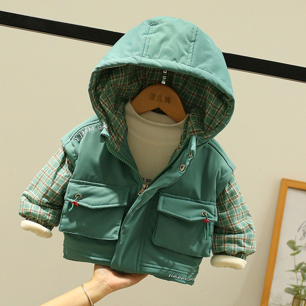 Ruuduliste varrukate ja pealdisega laste jope poistele ja tüdrukutele