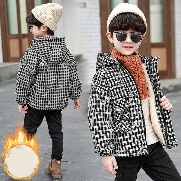 Νέο καρό παιδικό μπουφάν για αγόρια - με κουκούλα