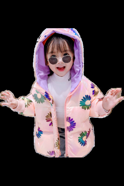 Μοντέρνο παιδικό μπουφάν για κορίτσια με λουλουδάτο μοτίβο και κουκούλα