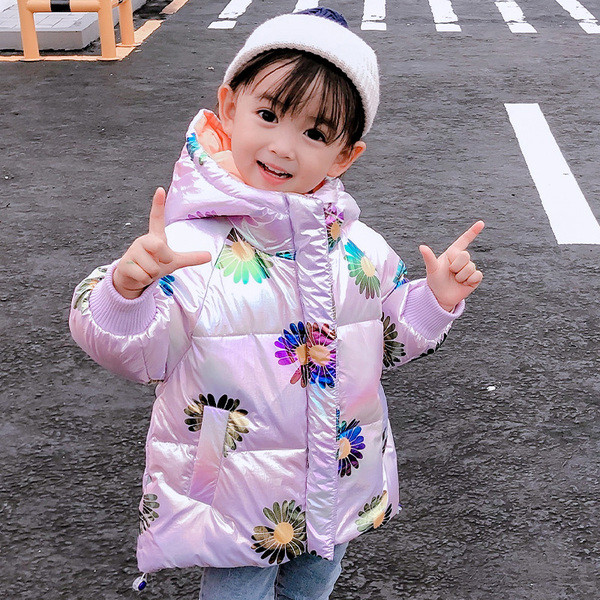 Μοντέρνο παιδικό μπουφάν για κορίτσια με λουλουδάτο μοτίβο και κουκούλα