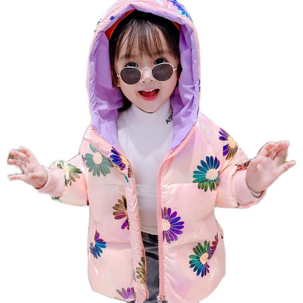 Μοντέρνο παιδικό μπουφάν για κορίτσια με λουλουδάτο μοτίβο και κουκούλα