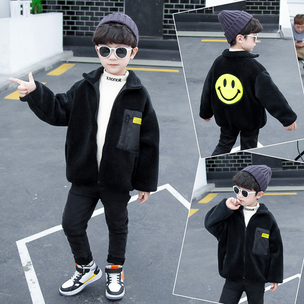 Черно детско яке за момчета с висока яка и бродерия