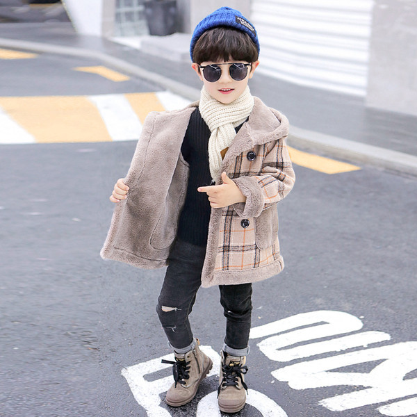 Dječji karirani kaput za dječake s kapuljačom i puhom