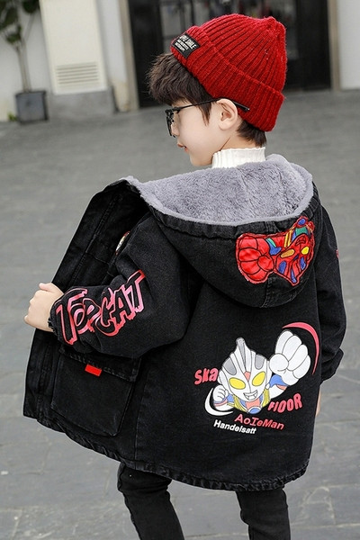 Laste vabaaja teksajakk aplikatsiooni ja sooja voodriga