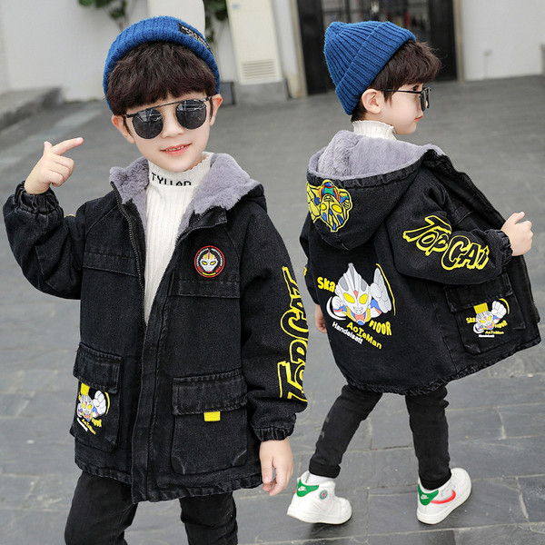 Laste vabaaja teksajakk aplikatsiooni ja sooja voodriga