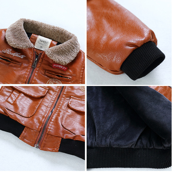 Dječja kožna jakna za dječake s donjom kragnom i džepovima