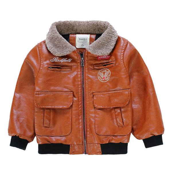 Dječja kožna jakna za dječake s donjom kragnom i džepovima