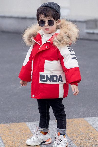 Dječja zimska jakna za dječake sa kapuljačom, perom i natpisima