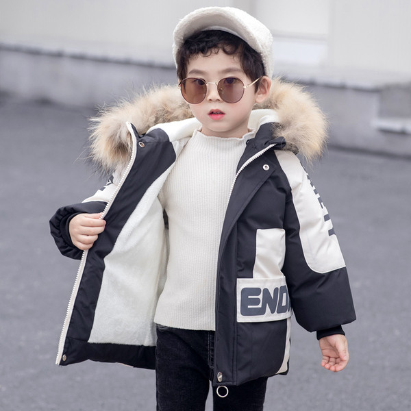 Dječja zimska jakna za dječake sa kapuljačom, perom i natpisima