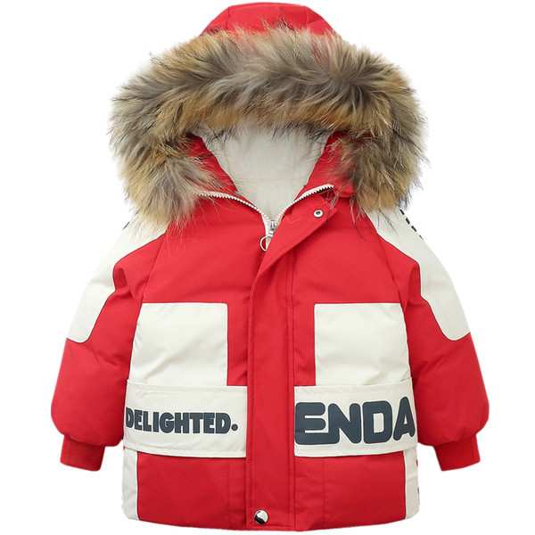 Dječja zimska jakna za dječake sa kapuljačom, perom i natpisima