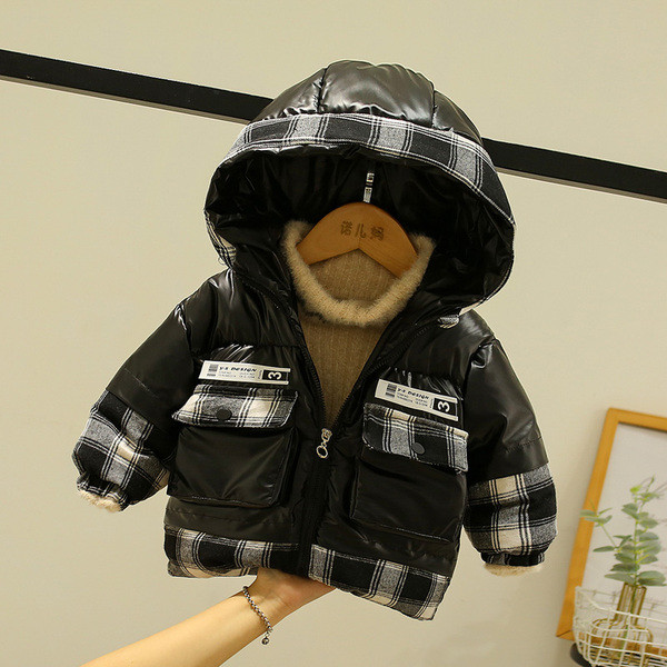 Παιδικό μπουφάν για αγόρια με κουκούλα και καρό στοιχεία