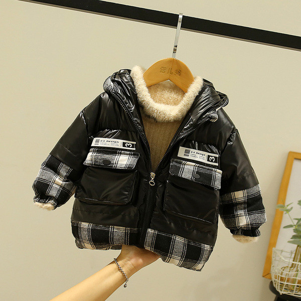 Παιδικό μπουφάν για αγόρια με κουκούλα και καρό στοιχεία