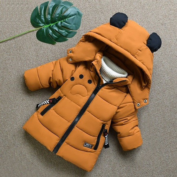Children`s winter long jacket with a hood for boys