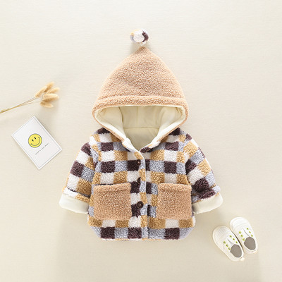 Καρό παιδικό παλτό για κορίτσια με κουκούλα