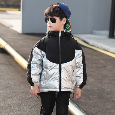 Kapuutsiga ja lukuga laste jope poistele - läikiva efektiga