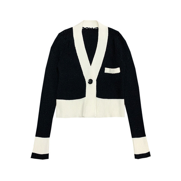 Naiste kaasaegne must-valge spitsikaelusega vest