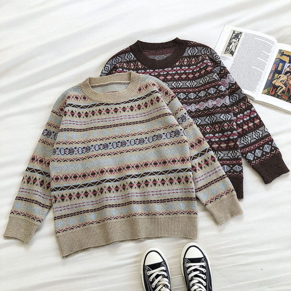 Γυναικείο ρετρό στυλ πουλόβερ με στρογγυλή λαιμόκοψη