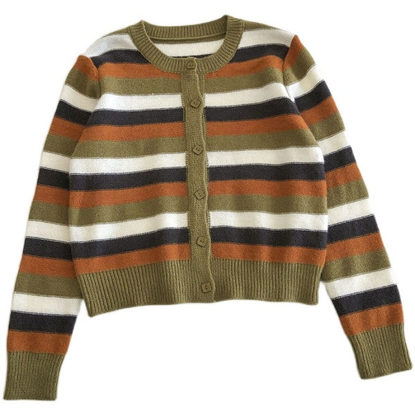 Triibuline naiste vest nööpide ja ovaalse kaelusega