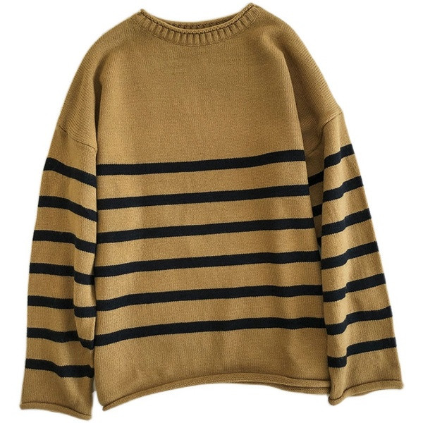 Ριγέ γυναικείο πουλόβερ με οβάλ λαιμόκοψη και μακριά μανίκια