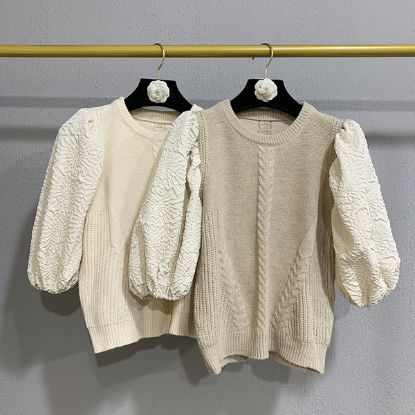 Γυναικείο πλεκτό πουλόβερ με στρογγυλή λαιμόκοψη και 7/8 μανίκια