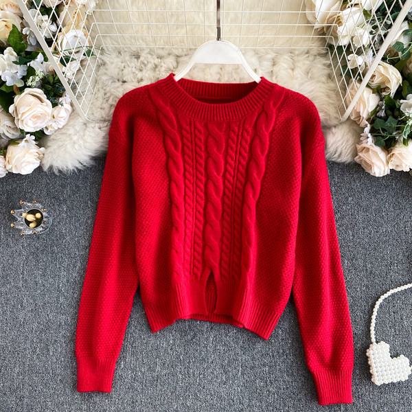 Πλεκτό γυναικείο πουλόβερ με στρογγυλή λαιμόκοψη