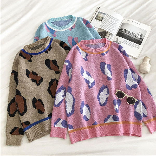Γυναικείο πουλόβερ με μοτίβο λεοπάρδαλη και στρογγυλή λαιμόκοψη