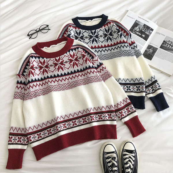 Γυναικείο ρετρό στυλ πουλόβερ με στρογγυλή λαιμόκοψη και μακριά μανίκια