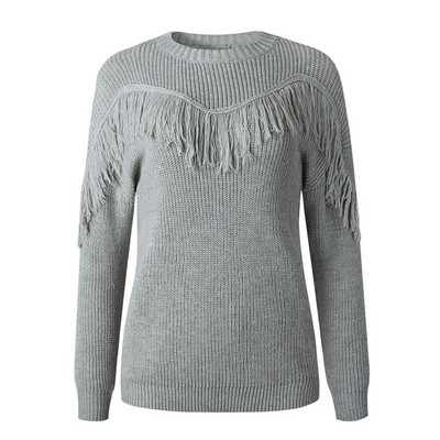 Γυναικείο casual πουλόβερ με κρόσια και οβάλ ντεκολτέ