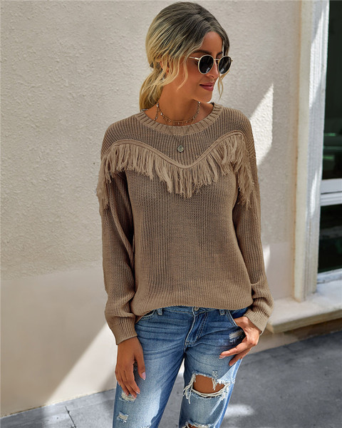 Γυναικείο casual πουλόβερ με κρόσια και οβάλ ντεκολτέ