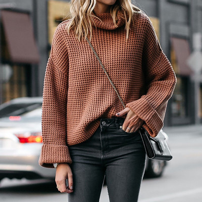 Casual γυναικείο πουλόβερ με υψηλό κολάρο και μακριά μανίκια - φαρδιά μοντέλο