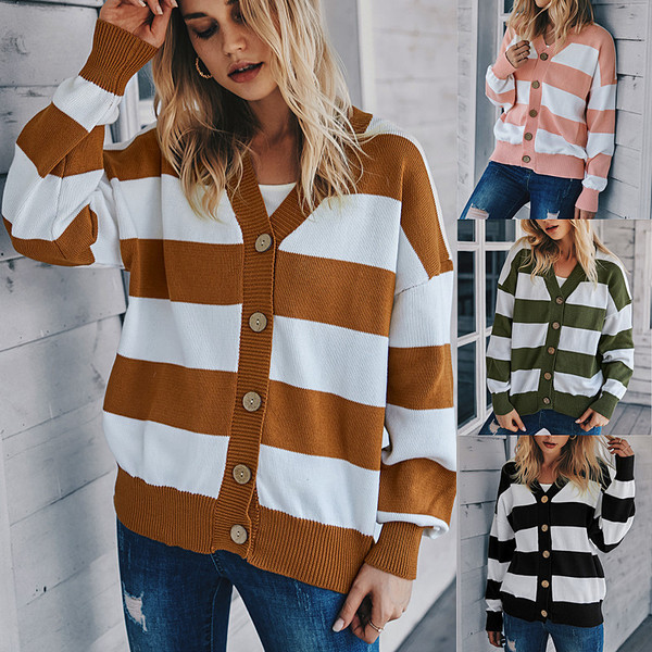 Naiste vabaaja triibuline vest nööpide ja pikkade varrukatega