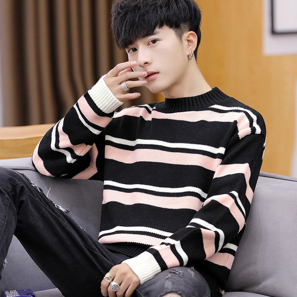 Meeste triibuline madala krae ja pikkade varrukatega sviiter