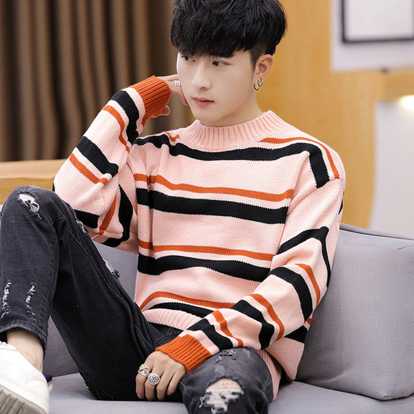 Meeste triibuline madala krae ja pikkade varrukatega sviiter